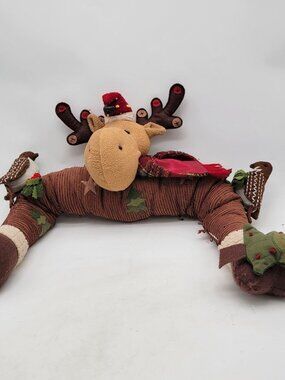 Vintage Plush Reindeer Door Draft Stopper With Festive Birds & Scarves